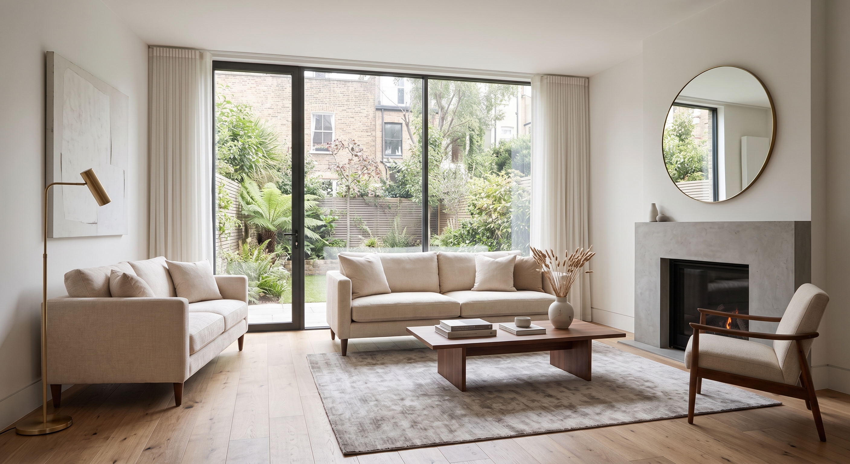 Hip Relics Interior Design hero photo — a sunlit living room opening onto a garden, with a round mirror over a concrete fireplace